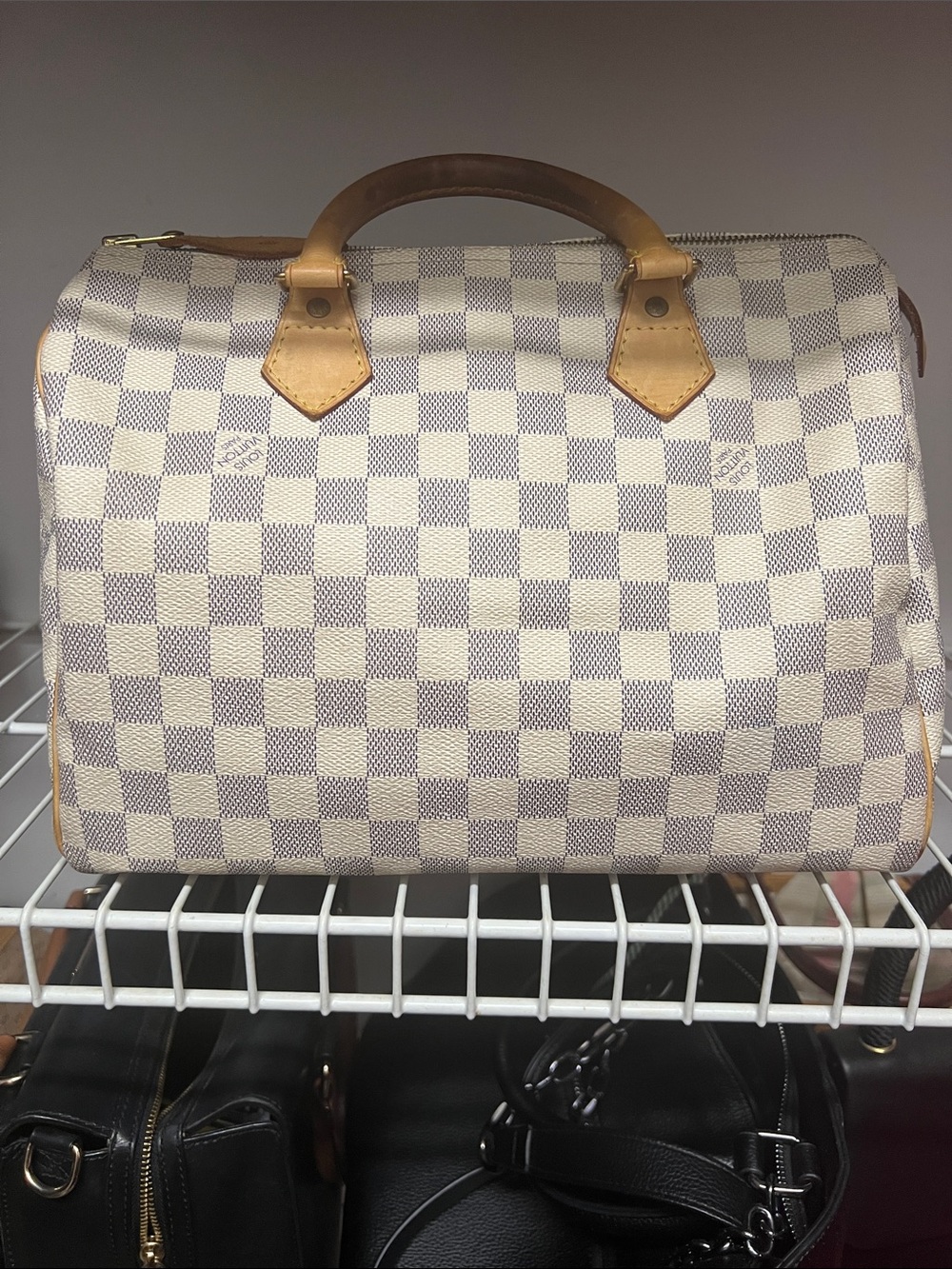 Louis Vuitton Cream and Light Blue Checkerboard Satchel